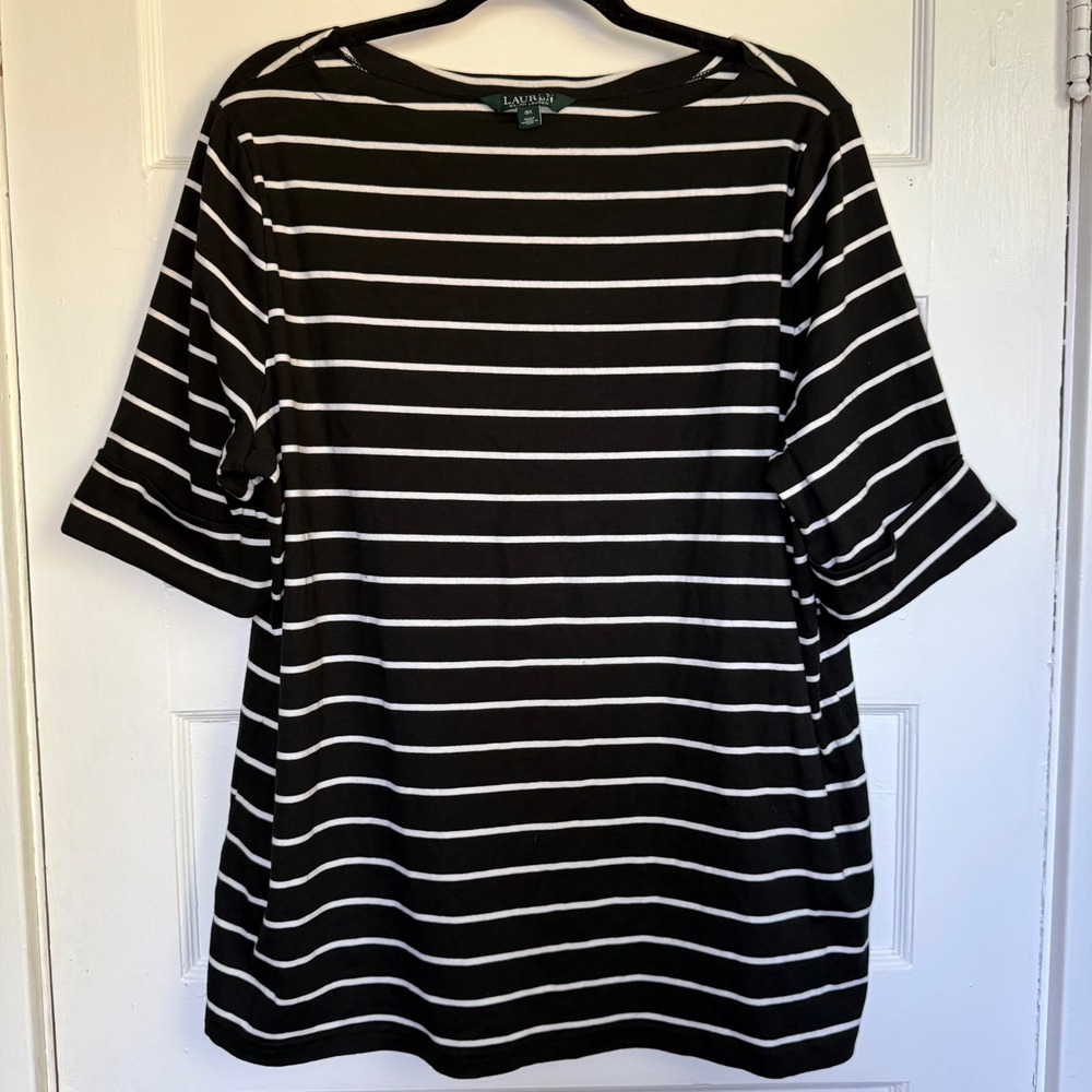 Lauren Ralph Lauren Black White Striped Boat Neck Cuffed Sleeve Top 3X